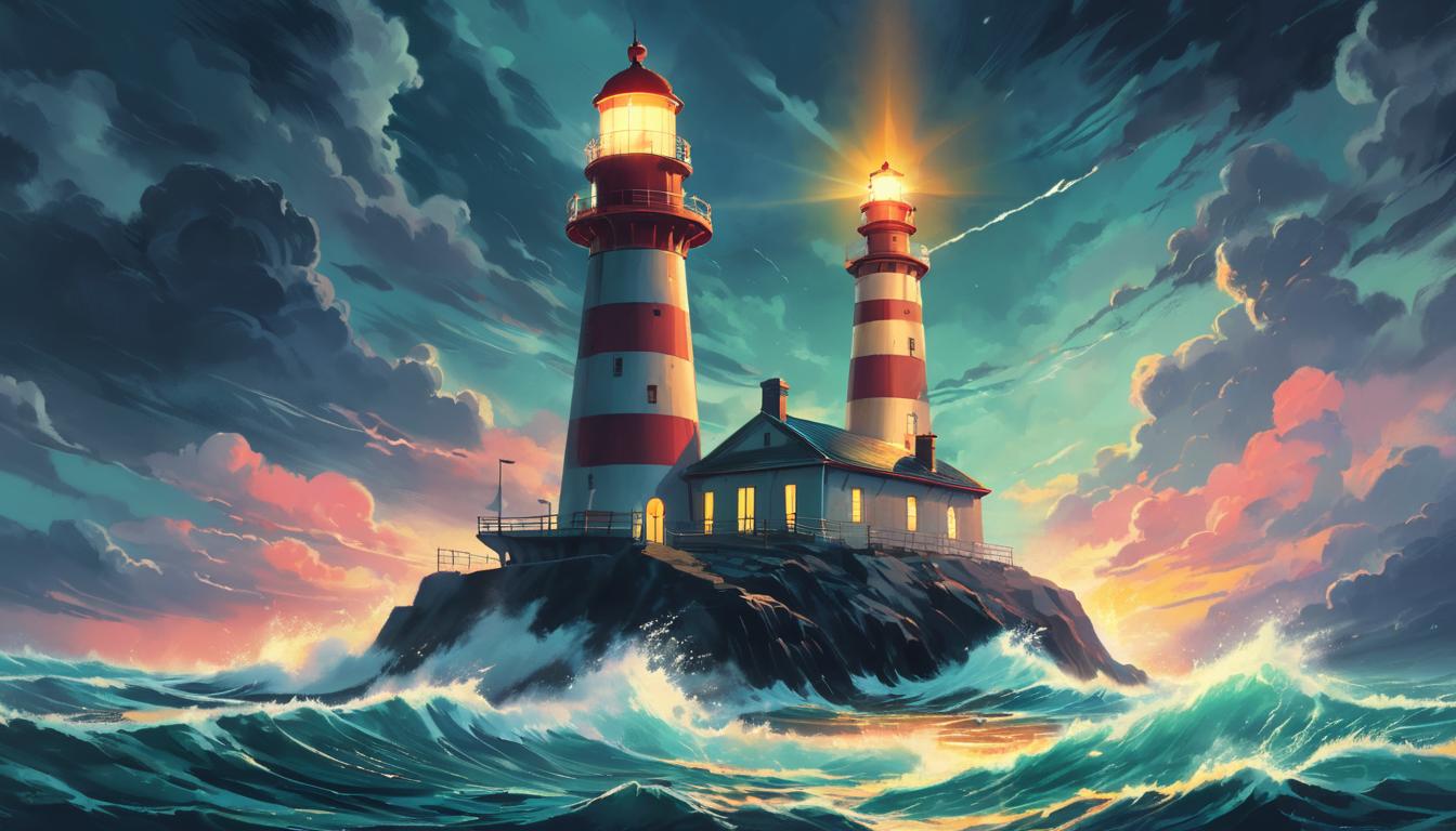  retro futuristic lighthouse emitting light, amidst stormy sea, metaphor for calmness, glowing beacon, turbulent waters, focus on light, guiding symbol lvintage sci fi, 50s and 60s style, atomic age, vibrant, highly detailed