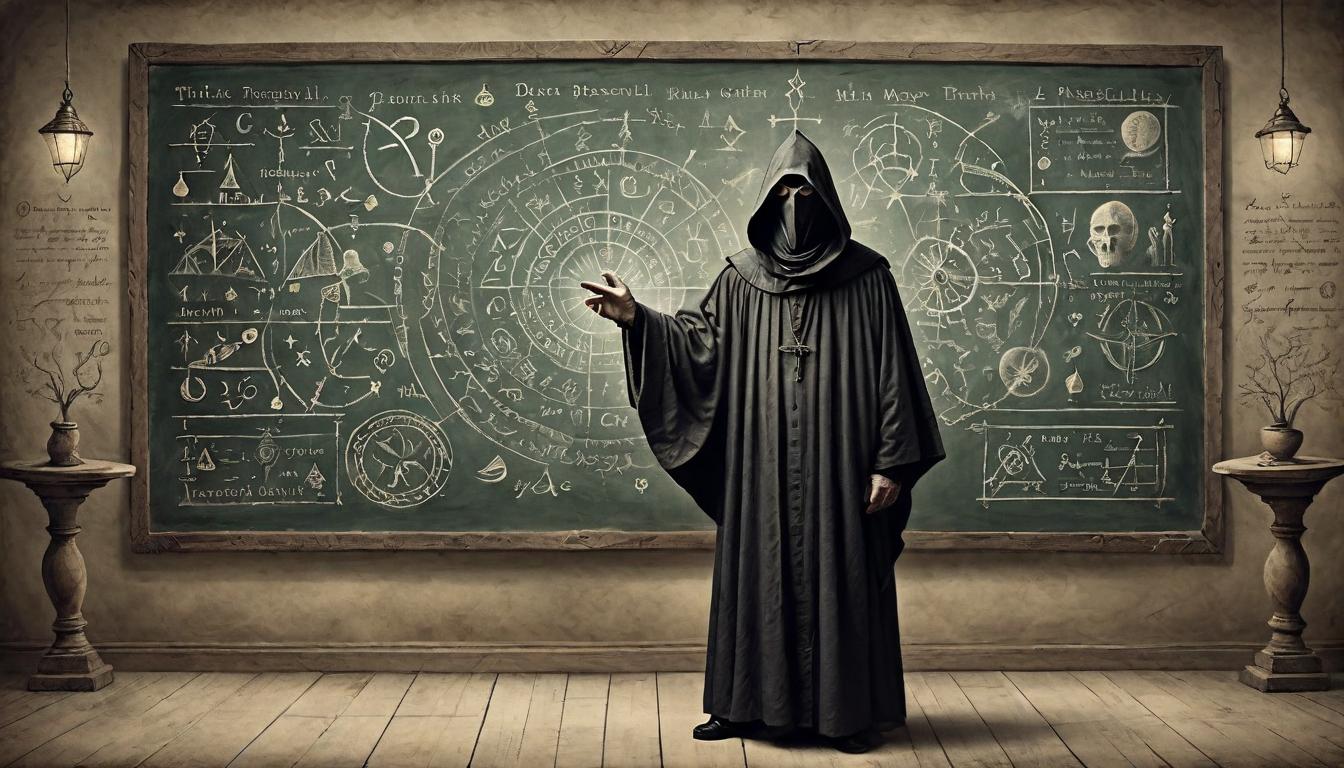  on parchment, surrealism+++, cloaked figure, face obscured, standing in front of a chalkboard filled with complex symbols and diagrams, pretentious stance, empty eyes, artificial light(mysterious, provocative, symbolic,muted color)+++