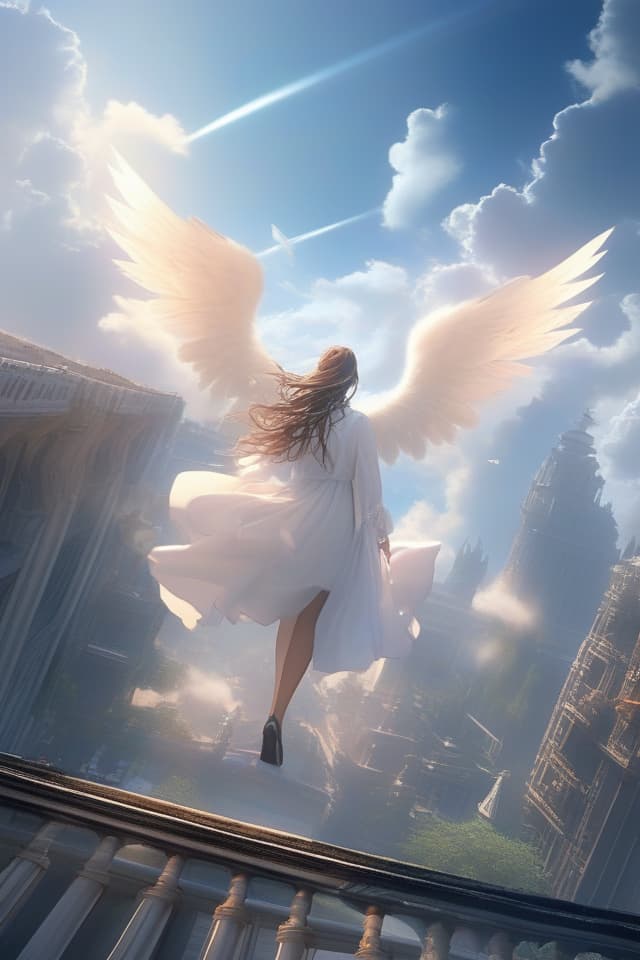  Dolished cityscape, creepy cityscape, cloudy sky, dark and thick clouds, clouds in the gaps in the clouds, angels in the sun, a flying angel, landscape painting, vast world of sense, leading angels hyperrealistic, full body, detailed clothing, highly detailed, cinematic lighting, stunningly beautiful, intricate, sharp focus, f/1. 8, 85mm, (centered image composition), (professionally color graded), ((bright soft diffused light)), volumetric fog, trending on instagram, trending on tumblr, HDR 4K, 8K