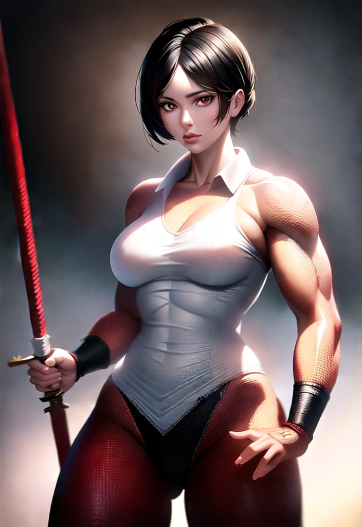  Black hair, berry short hair, beautiful woman, white dress shirt, Japanese samurai red armor, black leather pants, muscles, Japanese swords, head to thighs, (Masterpiece, BestQuality:1.3), (ultra detailed:1.2), (hyperrealistic:1.3), (RAW photo:1.2),High detail RAW color photo, professional photograph, (Photorealistic:1.4), (realistic:1.4), ,professional lighting, (japanese), beautiful face, (realistic face)