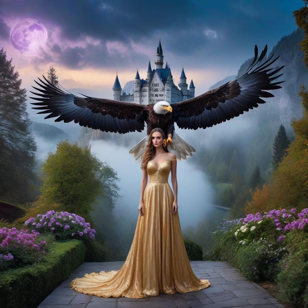  Fairy tale blue eyed eagle. Neuschwanstein. The girl in the gold dress. A very pretty girl. Garden of Eden. Rain. Flying saucer. Space, fantasy. Purple, blue, silver colors. Moon. hyperrealistic, full body, detailed clothing, highly detailed, cinematic lighting, stunningly beautiful, intricate, sharp focus, f/1. 8, 85mm, (centered image composition), (professionally color graded), ((bright soft diffused light)), volumetric fog, trending on instagram, trending on tumblr, HDR 4K, 8K