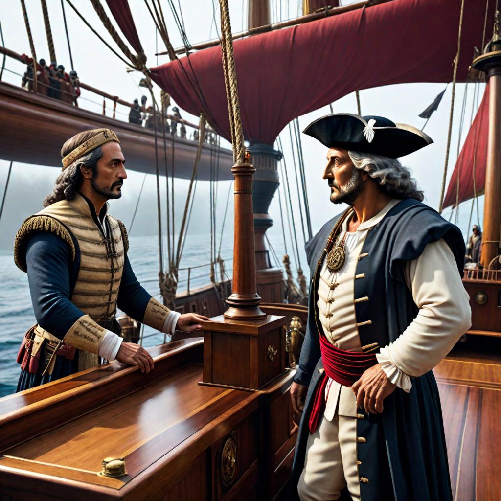  While Christopher Columbus is sailing towards America, he is chatting with Celal Şengör on the ship. hyperrealistic, full body, detailed clothing, highly detailed, cinematic lighting, stunningly beautiful, intricate, sharp focus, f/1. 8, 85mm, (centered image composition), (professionally color graded), ((bright soft diffused light)), volumetric fog, trending on instagram, trending on tumblr, HDR 4K, 8K