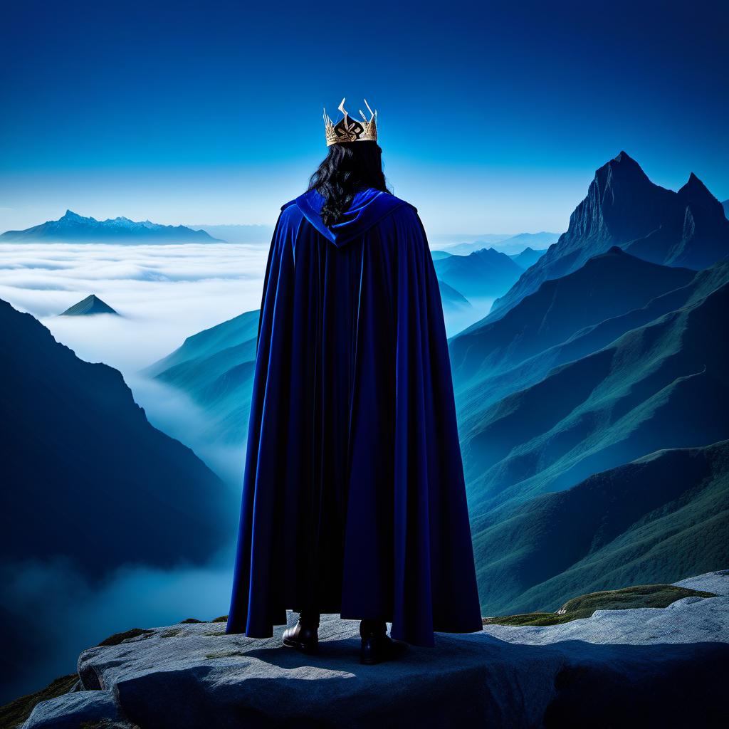  A handsome, masculine, warlike young elf man with long black hair, gray eyes, wearing a blue cloak and a crown, stands in his full height against the backdrop of blue misty mountains. hyperrealistic, full body, detailed clothing, highly detailed, cinematic lighting, stunningly beautiful, intricate, sharp focus, f/1. 8, 85mm, (centered image composition), (professionally color graded), ((bright soft diffused light)), volumetric fog, trending on instagram, trending on tumblr, HDR 4K, 8K