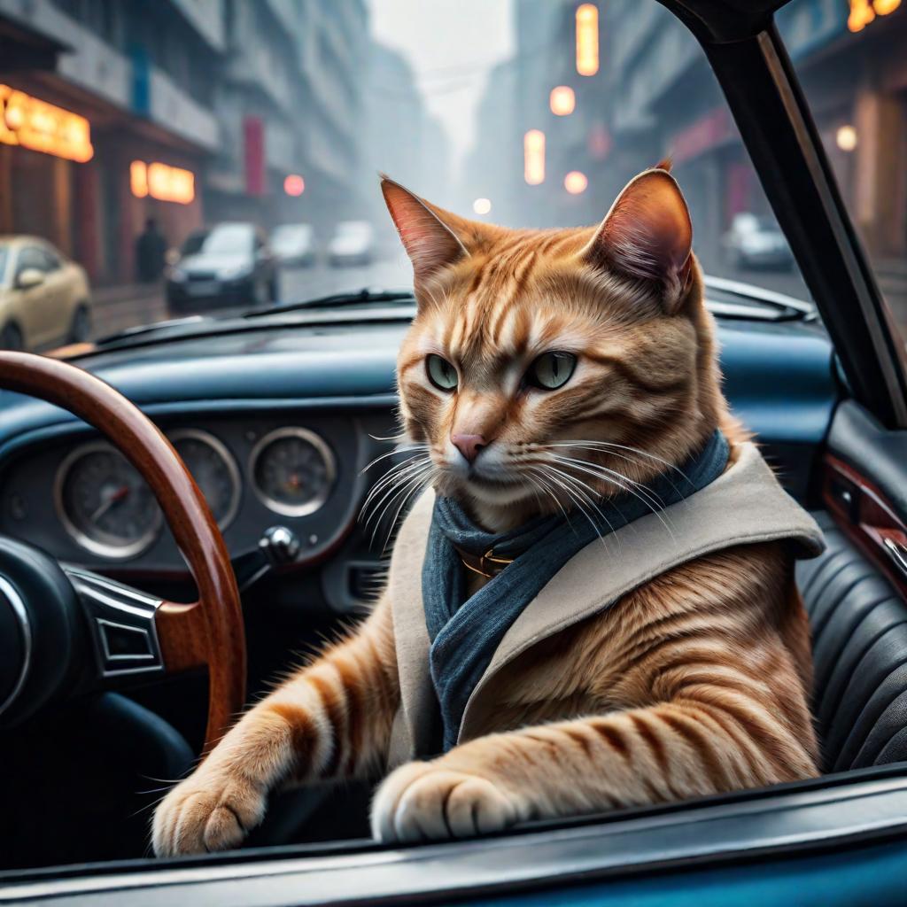  A cat is driving a car in Wuhan. hyperrealistic, full body, detailed clothing, highly detailed, cinematic lighting, stunningly beautiful, intricate, sharp focus, f/1. 8, 85mm, (centered image composition), (professionally color graded), ((bright soft diffused light)), volumetric fog, trending on instagram, trending on tumblr, HDR 4K, 8K