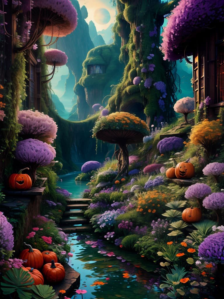  (),(),(ultra detailed), beautiful nature view,fantasy world, dense plants, colorful flowers, Beautiful lake, Night, Halloween, Crow