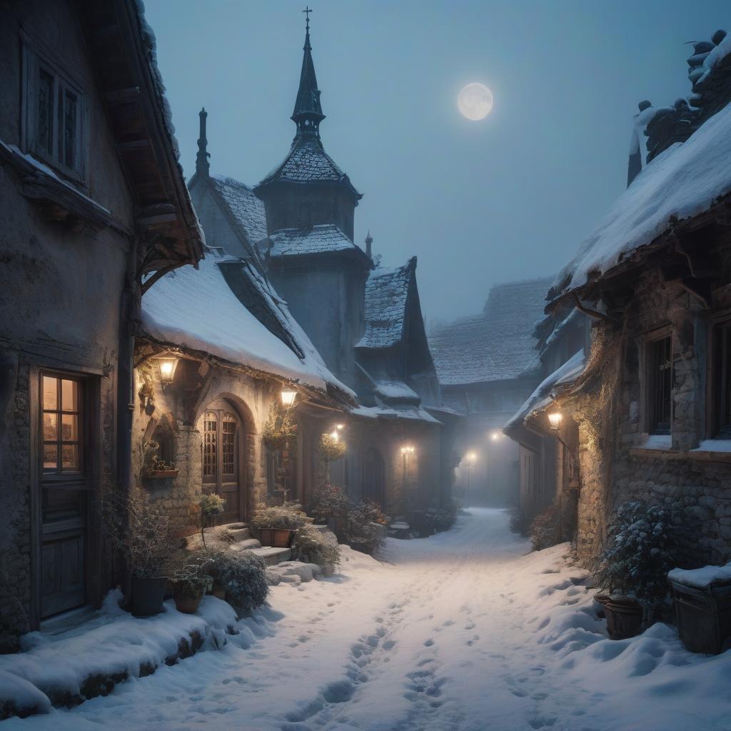  No humans. Small village in Romania in snow at night. In the style of Jean Baptiste Monge, Gothic old shaky buildings. Garlic. Detailed. Lots of embellishments and small details, Detailed look. soft colors, HDR, 4K hyperrealistic, full body, detailed clothing, highly detailed, cinematic lighting, stunningly beautiful, intricate, sharp focus, f/1. 8, 85mm, (centered image composition), (professionally color graded), ((bright soft diffused light)), volumetric fog, trending on instagram, trending on tumblr, HDR 4K, 8K