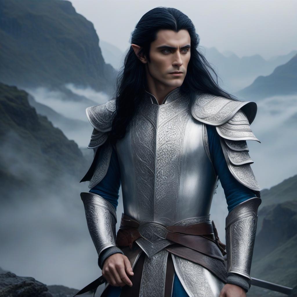  A beautiful, masculine, and warlike young elf with long black hair, grey eyes, and a narrow face, stands in full height against a backdrop of misty mountains, clad in silver armor and a blue tunic. hyperrealistic, full body, detailed clothing, highly detailed, cinematic lighting, stunningly beautiful, intricate, sharp focus, f/1. 8, 85mm, (centered image composition), (professionally color graded), ((bright soft diffused light)), volumetric fog, trending on instagram, trending on tumblr, HDR 4K, 8K