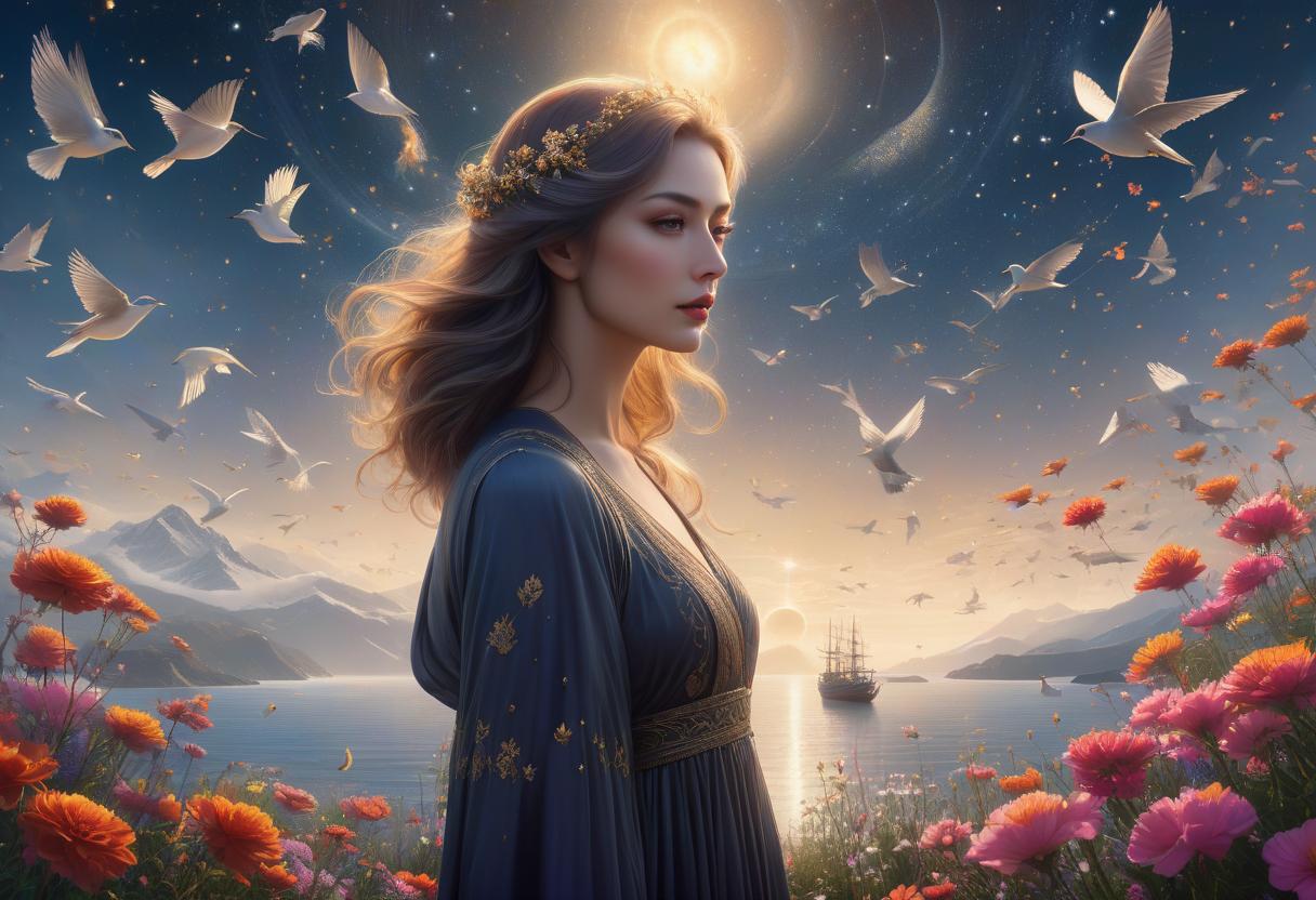  concept art "woman holding the cosmos in her hands, calm, her hair fluttering full of birds, in the background is the universe full of birds, flowers and boats in Surreal artisanal hallucinations made entirely of Sun and Moon, highly detailed, fairytale, Dee Nickerson, elegant, sharp focus, 8 k, octane render" . digital artwork, illustrative, painterly, matte painting, highly detailed hyperrealistic, full body, detailed clothing, highly detailed, cinematic lighting, stunningly beautiful, intricate, sharp focus, f/1. 8, 85mm, (centered image composition), (professionally color graded), ((bright soft diffused light)), volumetric fog, trending on instagram, trending on tumblr, HDR 4K, 8K