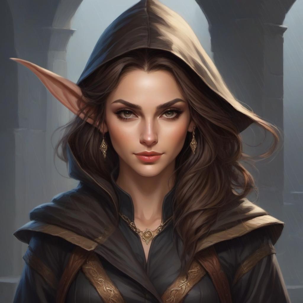  fantasy, Middle Ages, characters, waist-high, D&D 5th edition style, a rogue woman in a black raincoat, elf, brown hair, smug face, realistic, great detail, painting style