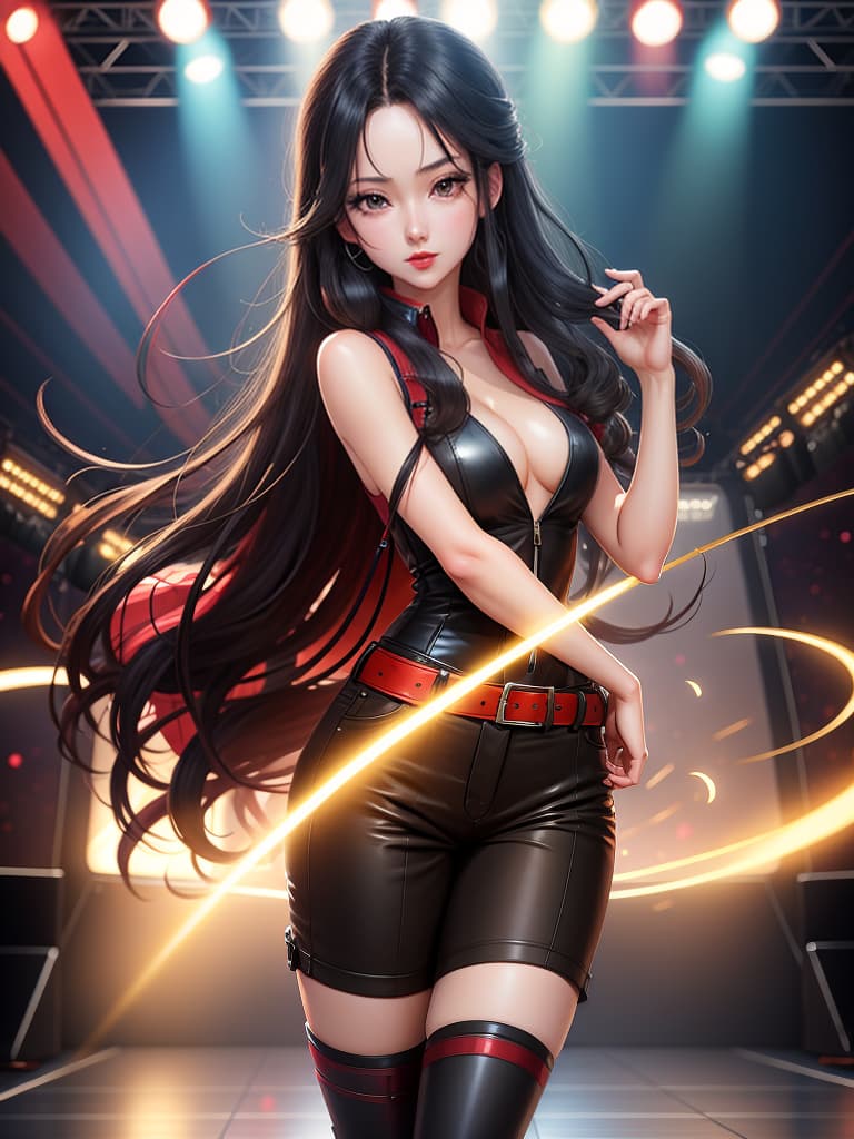  anime artwork, anime style, key visual, vint, studio anime, highly detailed, A with long black hair, charming eyes, red lips, no top and trousers, wearing s, standing on the stage, indoors, ilration style, stage lighting, close up