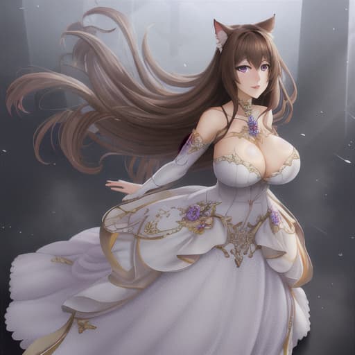  Cat girl, brown hair, purple eyes with white dress. hyperrealistic, full body, detailed clothing, highly detailed, cinematic lighting, stunningly beautiful, intricate, sharp focus, f/1. 8, 85mm, (centered image composition), (professionally color graded), ((bright soft diffused light)), volumetric fog, trending on instagram, trending on tumblr, HDR 4K, 8K