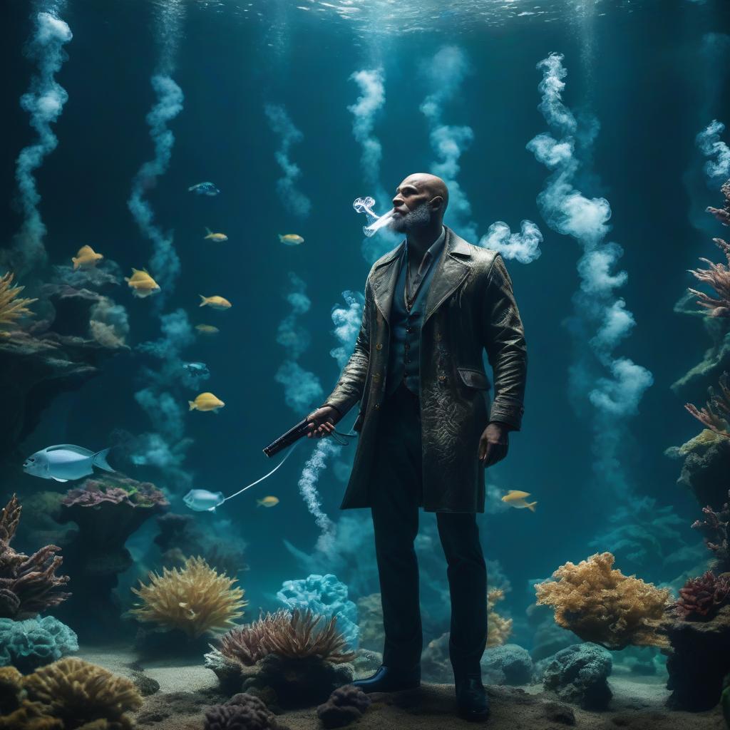  Aquarium mutant smokes hyperrealistic, full body, detailed clothing, highly detailed, cinematic lighting, stunningly beautiful, intricate, sharp focus, f/1. 8, 85mm, (centered image composition), (professionally color graded), ((bright soft diffused light)), volumetric fog, trending on instagram, trending on tumblr, HDR 4K, 8K