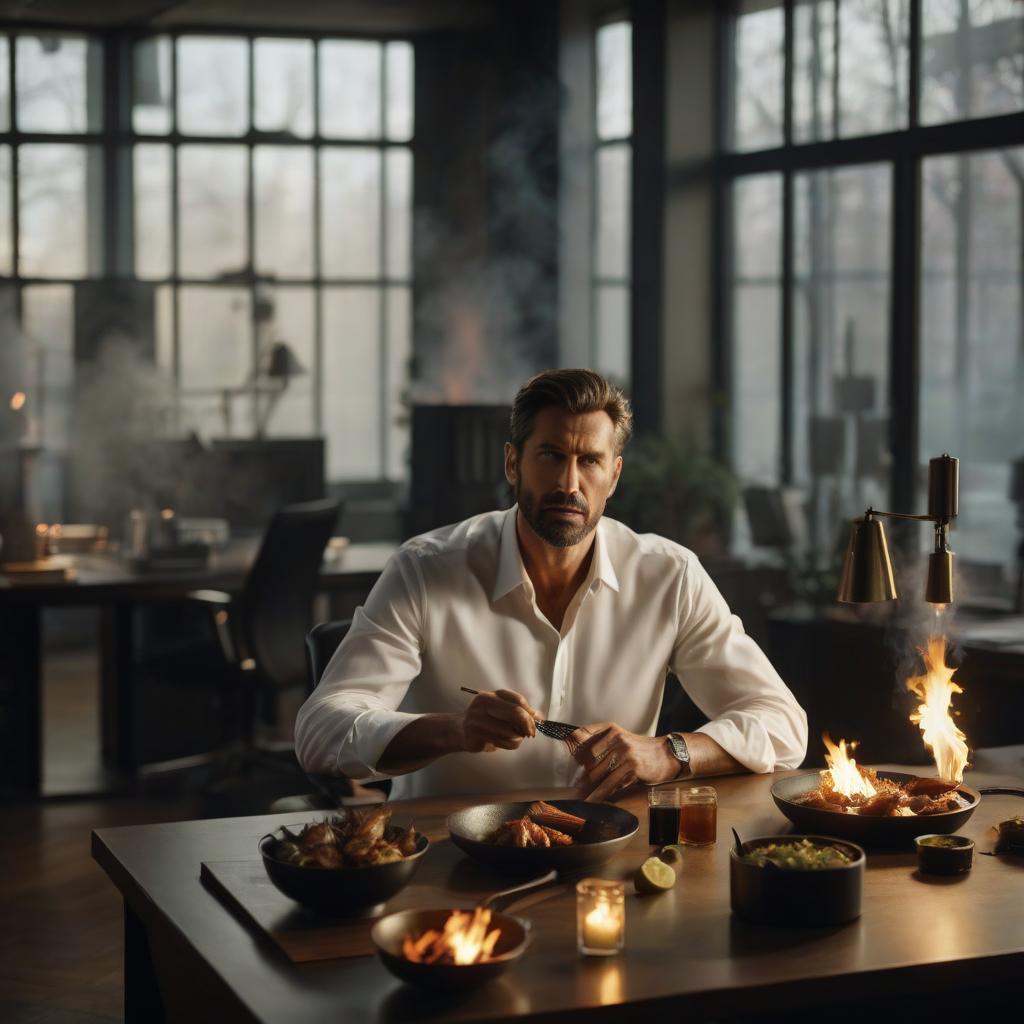  Draw the most realistic man sitting in an office, surrounded by his subordinates. All workers and the boss are sitting around a fireplace and grilling fish. hyperrealistic, full body, detailed clothing, highly detailed, cinematic lighting, stunningly beautiful, intricate, sharp focus, f/1. 8, 85mm, (centered image composition), (professionally color graded), ((bright soft diffused light)), volumetric fog, trending on instagram, trending on tumblr, HDR 4K, 8K