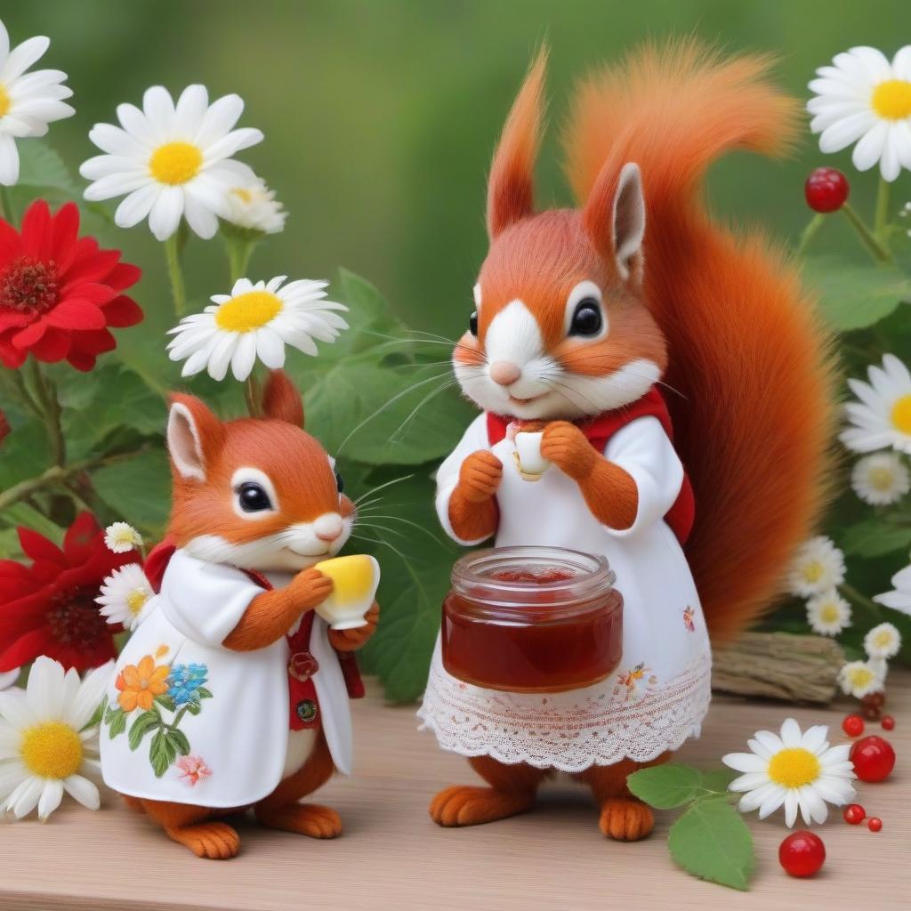  A cute smiling gnome and a pretty red squirrel in an elegant dress drink tea with jam at the table in a beautiful cozy room, decorated with patchwork style and white daisies.