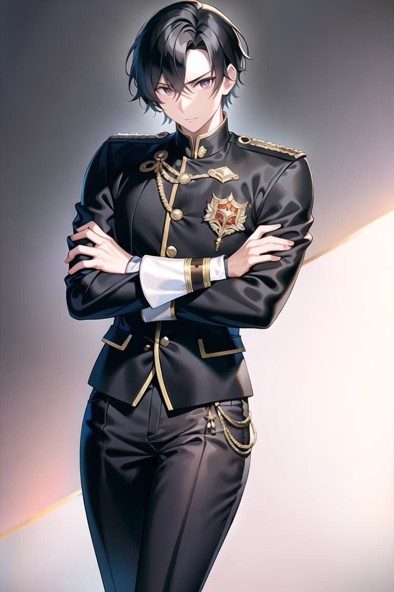  master piece , best quality,Black haired young male student with arms crossed in neat combat uniform.