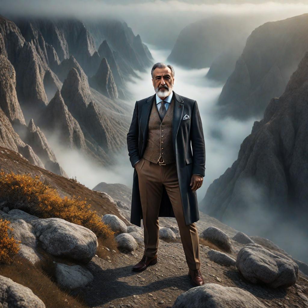  Turkish geology professor Celal Şengör hyperrealistic, full body, detailed clothing, highly detailed, cinematic lighting, stunningly beautiful, intricate, sharp focus, f/1. 8, 85mm, (centered image composition), (professionally color graded), ((bright soft diffused light)), volumetric fog, trending on instagram, trending on tumblr, HDR 4K, 8K