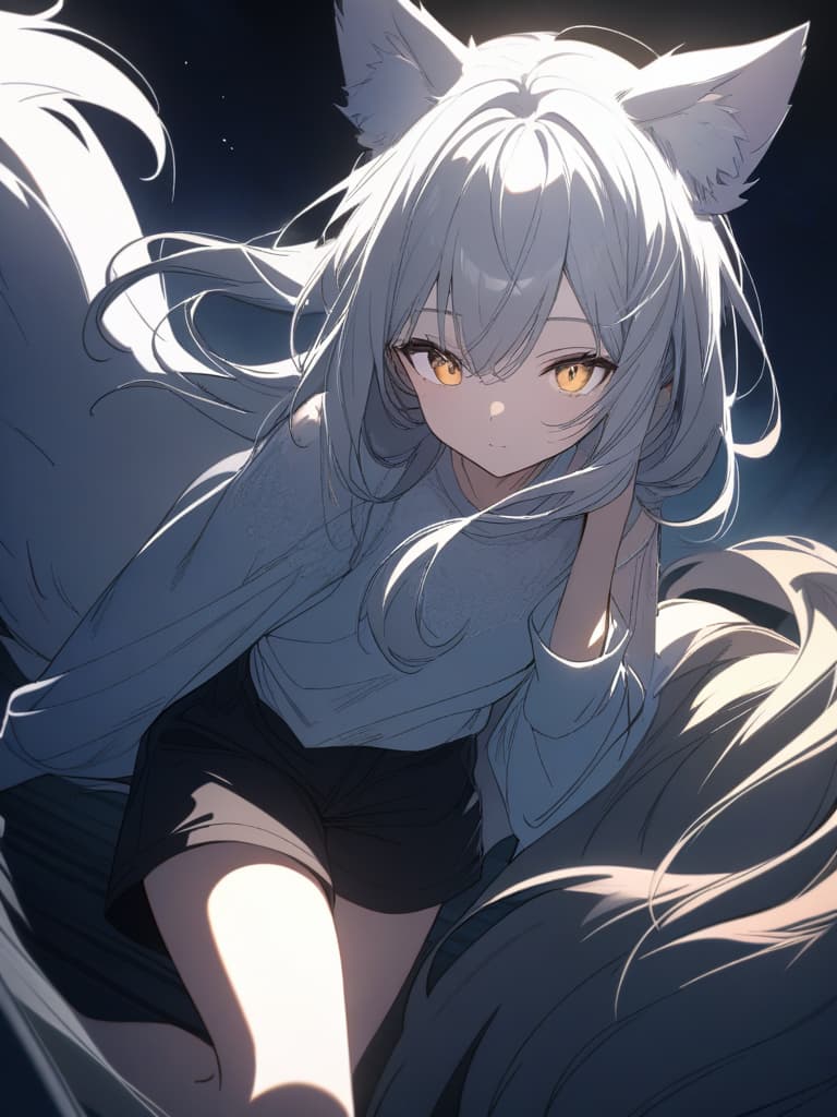  Wolf,wolf girl,wolf ears,beautiful,beautiful girl,gray hair,cute,long hair,stretched hair,moonlight,night,moonlit night,cool,yellow eyes,wolf tail,shorts,cool clothes、ultra detailed,best shadow,cute and beautiful face,(masterpiece:1.2),(best quality:1.2),detailed background,high contrast,(best illumination,an extremely delicate and beautiful),((cinematic light)),hyper detail,dramatic light,intricate details,8k,anime,very aesthetic, masterpiece, best quality,8k,ultra detailed,high resolution,an extremely delicate and beautiful,hyper detail