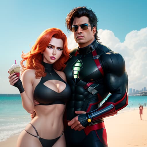  The Hulk and Black Widow (different popular and famous superheroes of the Marvel Cinematic Universe) in different clothes from each other, enjoy eating ice cream, playing volleyball on the beach, a picturesque park in the distance, enjoying a well deserved vacation find time for the simple pleasures of life spending the summer, the environment emphasizes their unique heroic superpowers and character, bright colors, warm sunshine, carefree mood, all the graphic style, tomb raidar. hyperrealistic, full body, detailed clothing, highly detailed, cinematic lighting, stunningly beautiful, intricate, sharp focus, f/1. 8, 85mm, (centered image composition), (professionally color graded), ((bright soft diffused light)), volumetric fog, trending on instagram, trending on tumblr, HDR 4K, 8K