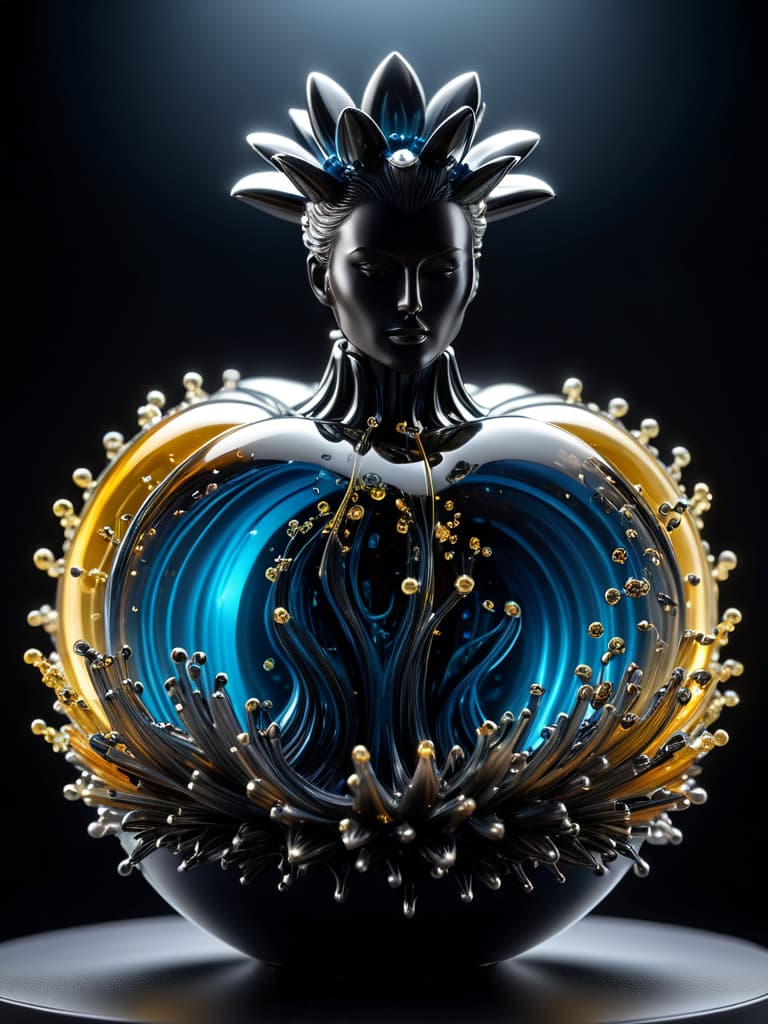  artwork created using ferrofluids, responsive to magnetic fields, dynamic, fluid like sculpture made of magnetized magnetite nanoparticles suspended in oil, apple sculpture hyperrealistic, full body, detailed clothing, highly detailed, cinematic lighting, stunningly beautiful, intricate, sharp focus, f/1. 8, 85mm, (centered image composition), (professionally color graded), ((bright soft diffused light)), volumetric fog, trending on instagram, trending on tumblr, HDR 4K, 8K