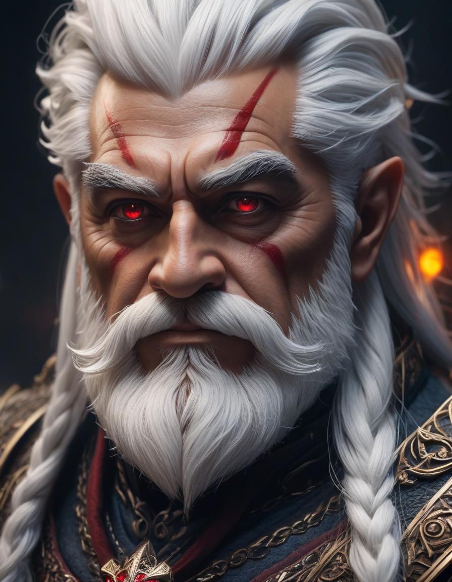  Dwarf with scars on face. White hair. Red eyes. hyperrealistic, full body, detailed clothing, highly detailed, cinematic lighting, stunningly beautiful, intricate, sharp focus, f/1. 8, 85mm, (centered image composition), (professionally color graded), ((bright soft diffused light)), volumetric fog, trending on instagram, trending on tumblr, HDR 4K, 8K