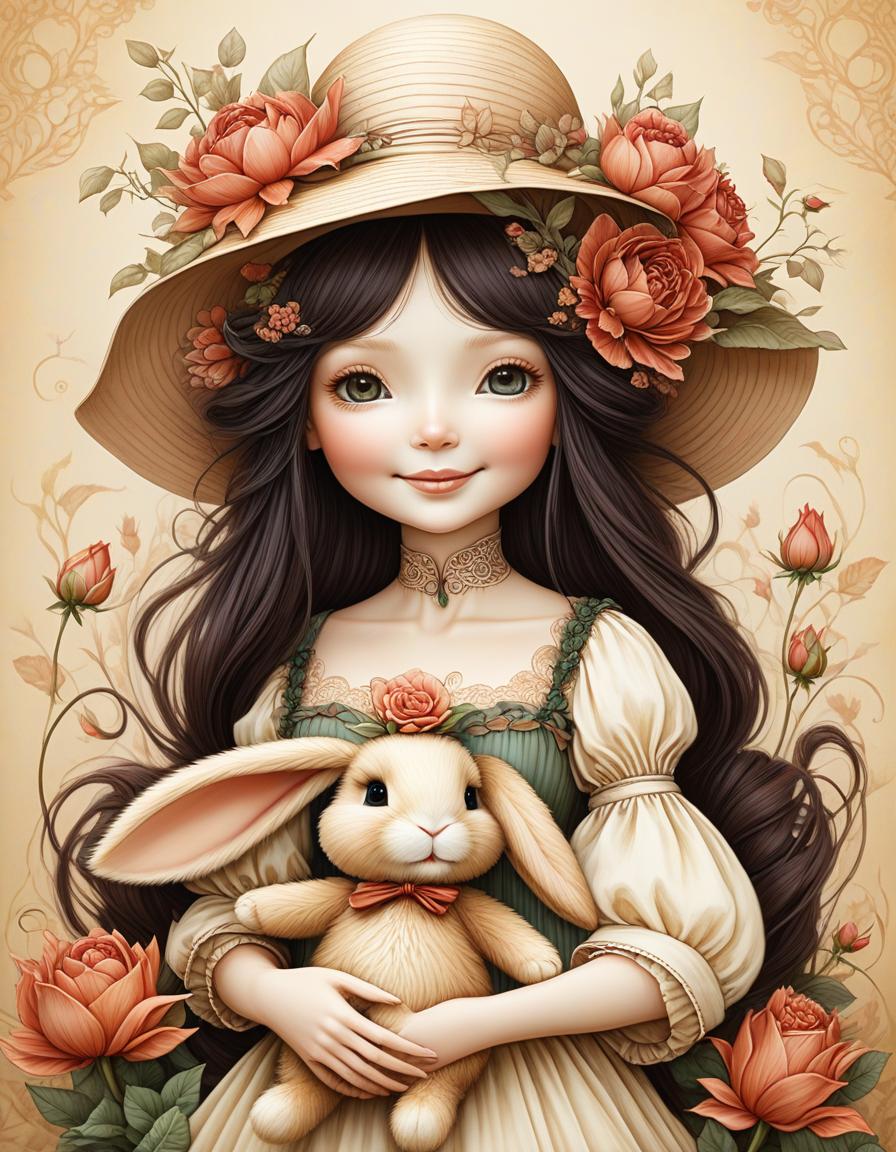  by Wendy Froud. coloring style, black and white illustration, line art. {a smiling doll in the TILDA style holds in her hands a soft toy bunny in the style of a Teddy bear, short wavy hair, a straw hat decorated with large flowers and ribbons on her head, dressed in a light summer sundress with flounces and lace, rose flowers in the background}, good detail, central location, zentangle. well drawn details. beautiful flowers, by Wendy Froud, Naoto Hattori hyperrealistic, full body, detailed clothing, highly detailed, cinematic lighting, stunningly beautiful, intricate, sharp focus, f/1. 8, 85mm, (centered image composition), (professionally color graded), ((bright soft diffused light)), volumetric fog, trending on instagram, trending on tumblr, HDR 4K, 8K