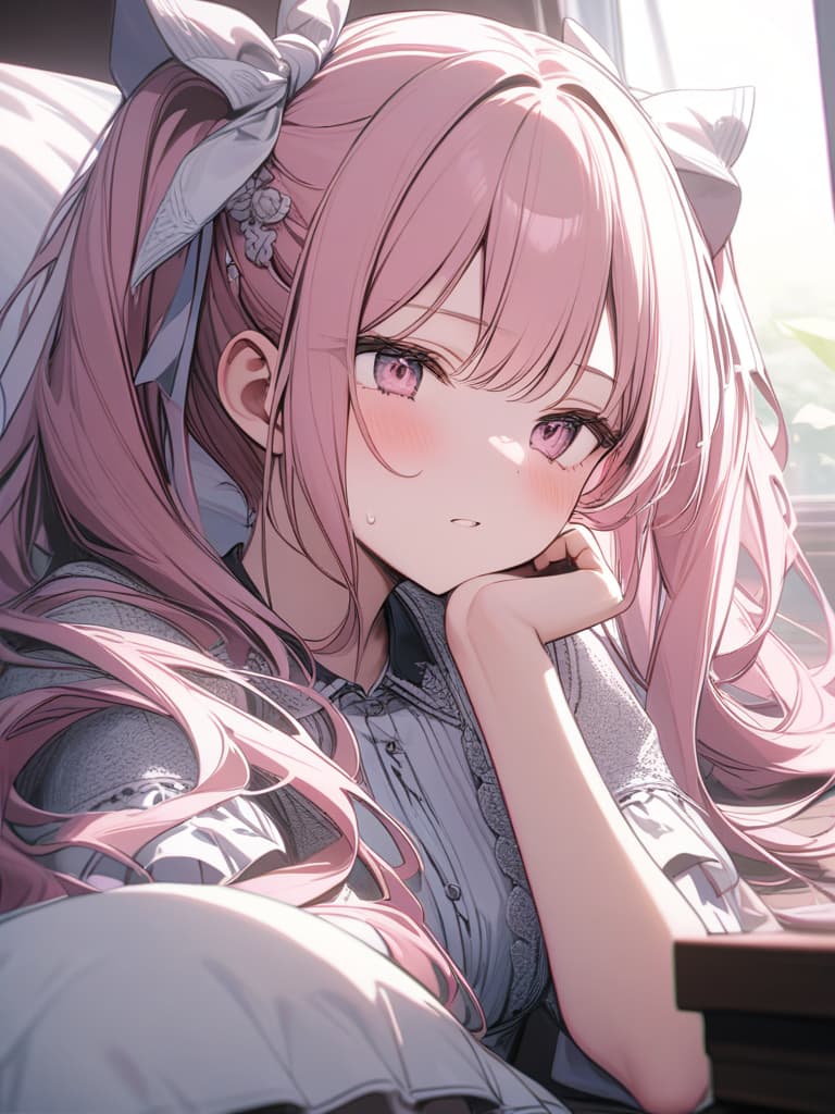  Pink hair, twin tails, white ribbon, fight against sleep, lolita fashion, masterpiece, best quality,8k,ultra detailed,high resolution,an extremely delicate and beautiful,hyper detail