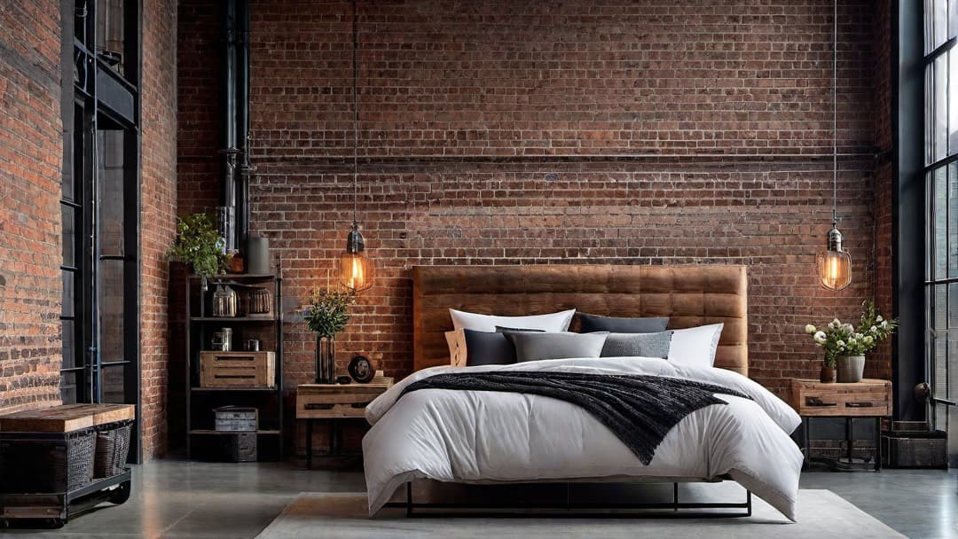  Create an image of an Industrial Style Bedroom that embodies Industrial Chic. Include a strong Industrial Bed Frame with a reclaimed wood and metal Industrial Headboard. Highlight exposed brick walls and visible ductwork for an urban touch. Add soft furnishings in neutral tones and Industrial Decor Bedroom elements like vintage lamps and metal shelving. Use a palette of muted Bedroom Colors to tie the room together, aiming for a balance between modern style and raw, industrial character. hyperrealistic, full body, detailed clothing, highly detailed, cinematic lighting, stunningly beautiful, intricate, sharp focus, f/1. 8, 85mm, (centered image composition), (professionally color graded), ((bright soft diffused light)), volumetric fog, trending on instagram, trending on tumblr, HDR 4K, 8K