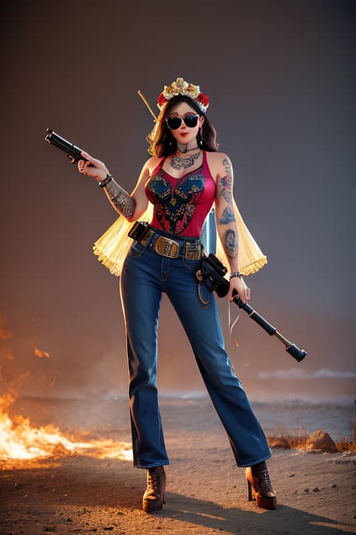  Chicano woman with cool sunglasses holding and she’s holding a gun. She has tattoos on her arms. Old Ferguson tractor and flying donkeys backdrop hyperrealistic, full body, detailed clothing, highly detailed, cinematic lighting, stunningly beautiful, intricate, sharp focus, f/1. 8, 85mm, (centered image composition), (professionally color graded), ((bright soft diffused light)), volumetric fog, trending on instagram, trending on tumblr, HDR 4K, 8K