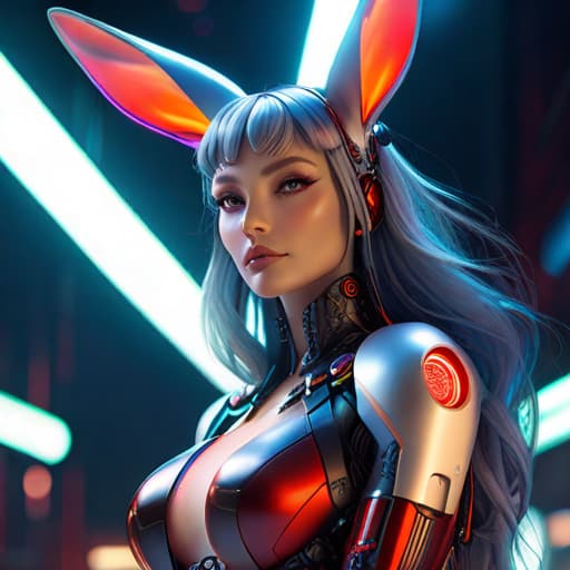  Cyborg feminine hare, kawaii cyborg rabbit, high detailed face, beautiful body, glowing hair, looking at the camera, breeze, neon strings, chaotic wiring/cables, scifi, futuristic, highly detailed, cinematic, cyberpunk, highly detailed and intricate, rich deep colors. sf, raphael, caravaggio, greg rutkowski, beeple, beksinski, red background hyperrealistic, full body, detailed clothing, highly detailed, cinematic lighting, stunningly beautiful, intricate, sharp focus, f/1. 8, 85mm, (centered image composition), (professionally color graded), ((bright soft diffused light)), volumetric fog, trending on instagram, trending on tumblr, HDR 4K, 8K