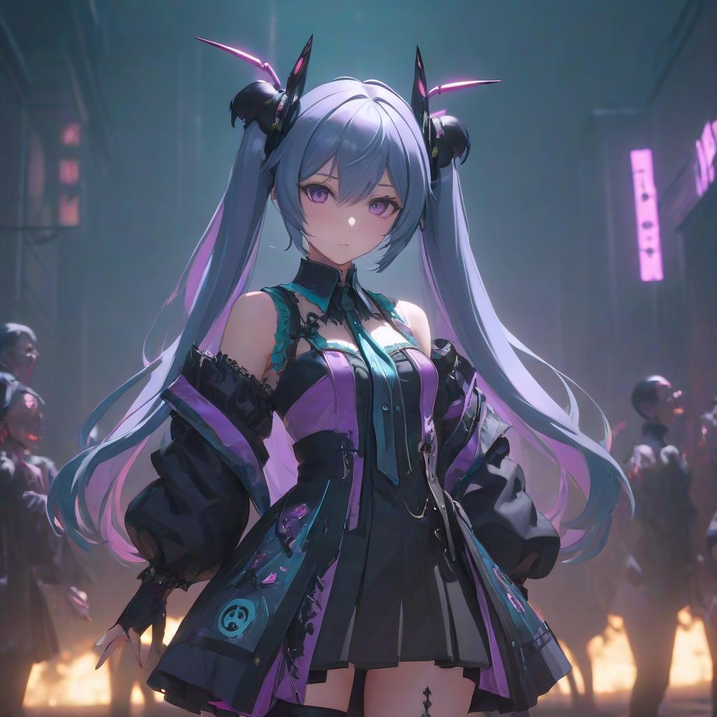  a with gles standing in front of a purple light, hatsune miku, very devil outfit, ( ( ilration, shadows of zombies, 5 d, malevolent eny, best on wlop, by Aleksandr Ivanovich Laktionov, live2d, 🎀 🧟 🍓 🧚, h 1 0 2 4, 1024x1024 hyperrealistic, full body, detailed clothing, highly detailed, cinematic lighting, stunningly beautiful, intricate, sharp focus, f/1. 8, 85mm, (centered image composition), (professionally color graded), ((bright soft diffused light)), volumetric fog, trending on instagram, trending on tumblr, HDR 4K, 8K