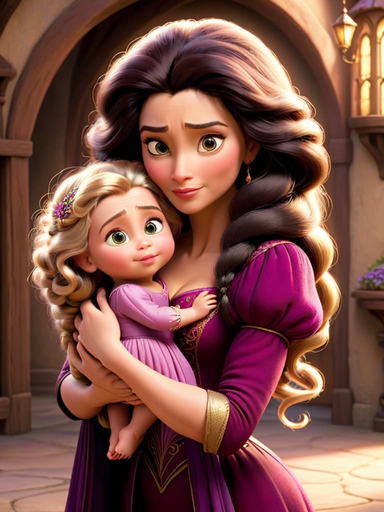  mother gothel holding baby Rapunzel and bursting her hair