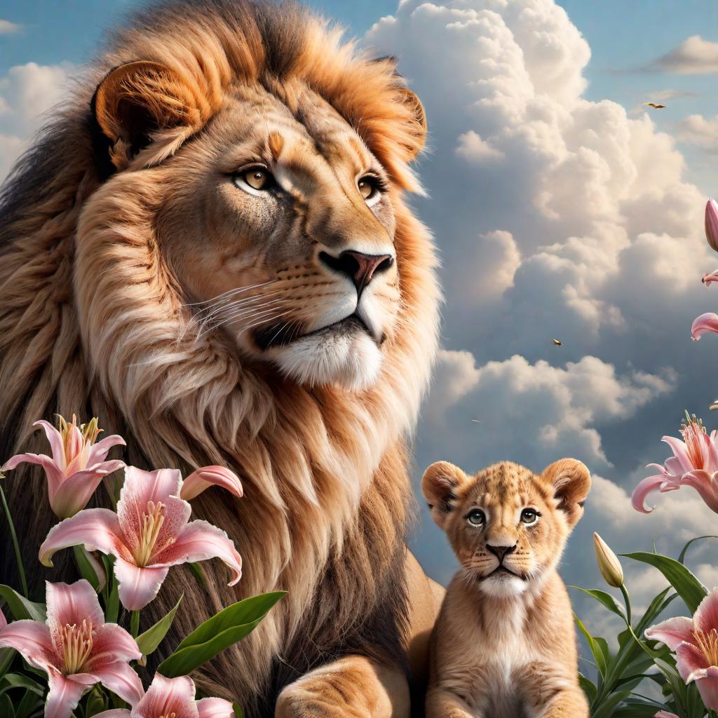  Tattoo for right forearm symbolizing a dad lion protecting his daughter cub, with lilies and clouds in the background. The design should showcase the father lion in a protective stance with a young cub close by, surrounded by detailed lilies and soft, ethereal clouds, creating a sense of beauty and protection. hyperrealistic, full body, detailed clothing, highly detailed, cinematic lighting, stunningly beautiful, intricate, sharp focus, f/1. 8, 85mm, (centered image composition), (professionally color graded), ((bright soft diffused light)), volumetric fog, trending on instagram, trending on tumblr, HDR 4K, 8K