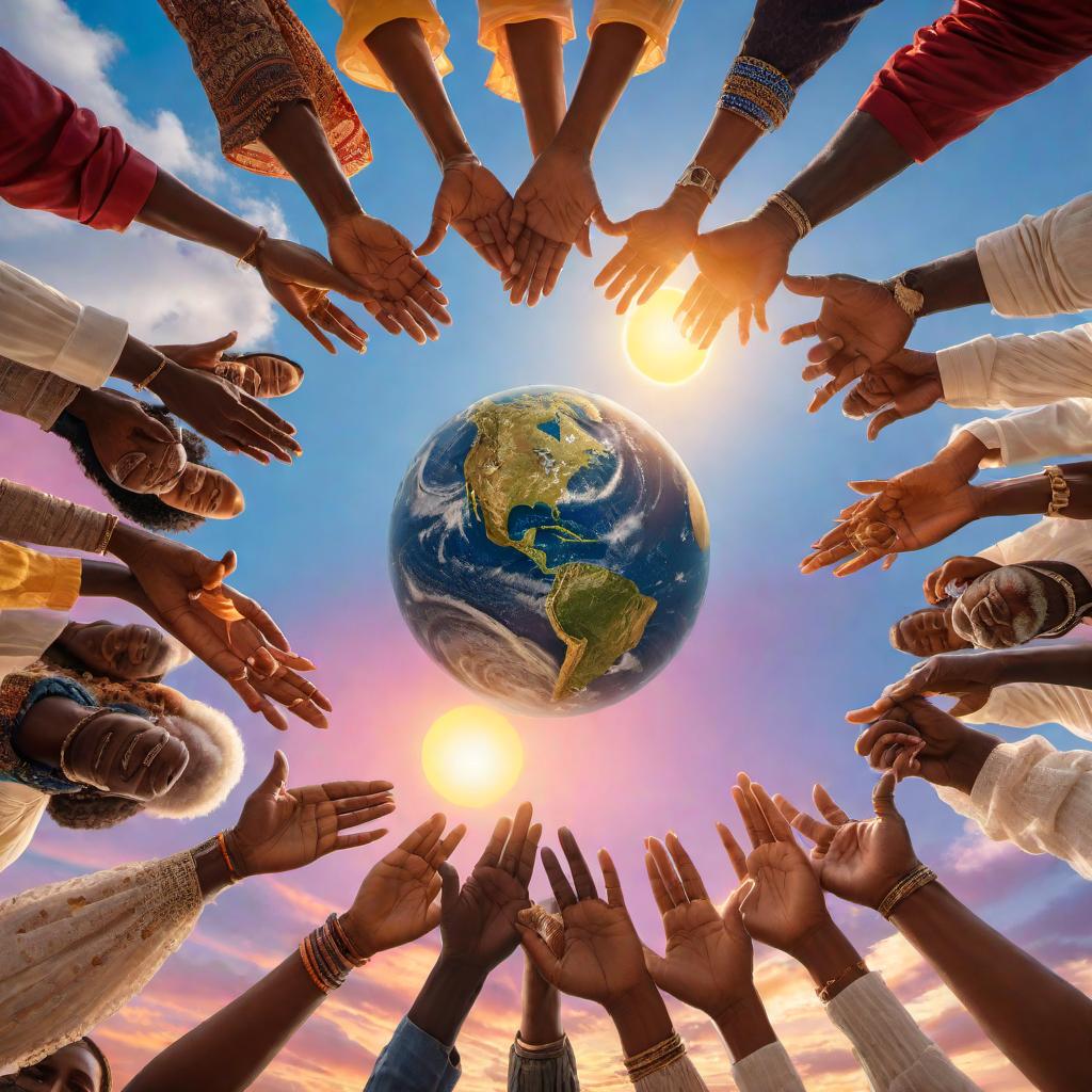  An inspiring image of unity depicting people of different ages, ethnicities, and backgrounds holding hands in a circle around a glowing, vibrant Earth. The background is a colorful sunset, symbolizing hope and togetherness. Everyone is smiling and conveying a strong sense of community and harmony. hyperrealistic, full body, detailed clothing, highly detailed, cinematic lighting, stunningly beautiful, intricate, sharp focus, f/1. 8, 85mm, (centered image composition), (professionally color graded), ((bright soft diffused light)), volumetric fog, trending on instagram, trending on tumblr, HDR 4K, 8K