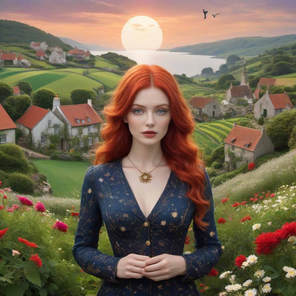  nautical themed "Girl standing standing in front of rolling hills of fields and hedges, and a quaint village nestled in the valley. She has red hair and is wearing her patchwork best, and is totally in harmony with her environment. woman holding the cosmos in her hands, calm, her hair fluttering full of birds, in the background is the universe full of birds, flowers and boats in Surreal artisanal hallucinations made entirely of Sun and Moon, highly detailed, fairytale, Dee Nickerson, elegant, sharp focus, 8 k, octane render" . sea, ocean, ships, maritime, beach, marine life, highly detailed hyperrealistic, full body, detailed clothing, highly detailed, cinematic lighting, stunningly beautiful, intricate, sharp focus, f/1. 8, 85mm, (centered image composition), (professionally color graded), ((bright soft diffused light)), volumetric fog, trending on instagram, trending on tumblr, HDR 4K, 8K