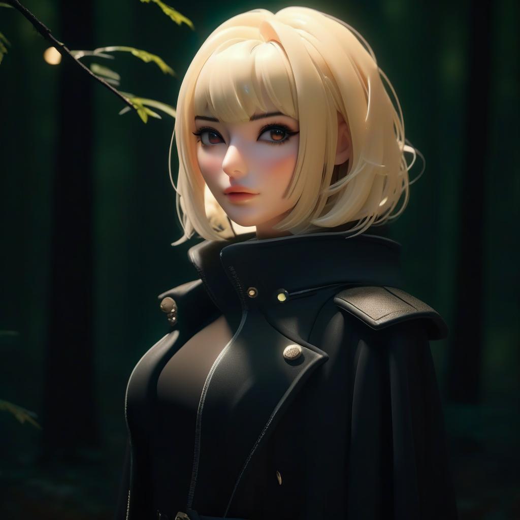  1 , in a black coat, hair, shoulder length haircut, black eyes upper body, against the background of a night forest, a scar on her left eye hyperrealistic, full body, detailed clothing, highly detailed, cinematic lighting, stunningly beautiful, intricate, sharp focus, f/1. 8, 85mm, (centered image composition), (professionally color graded), ((bright soft diffused light)), volumetric fog, trending on instagram, trending on tumblr, HDR 4K, 8K