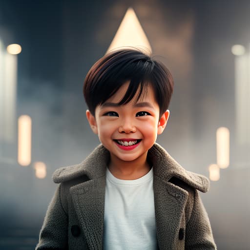  A little boy is smiling. hyperrealistic, full body, detailed clothing, highly detailed, cinematic lighting, stunningly beautiful, intricate, sharp focus, f/1. 8, 85mm, (centered image composition), (professionally color graded), ((bright soft diffused light)), volumetric fog, trending on instagram, trending on tumblr, HDR 4K, 8K