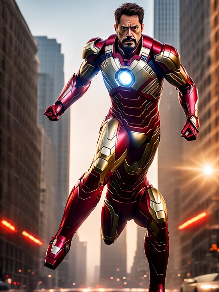  ironman tony stark in cinematic poster hyperrealistic, full body, detailed clothing, highly detailed, cinematic lighting, stunningly beautiful, intricate, sharp focus, f/1. 8, 85mm, (centered image composition), (professionally color graded), ((bright soft diffused light)), volumetric fog, trending on instagram, trending on tumblr, HDR 4K, 8K