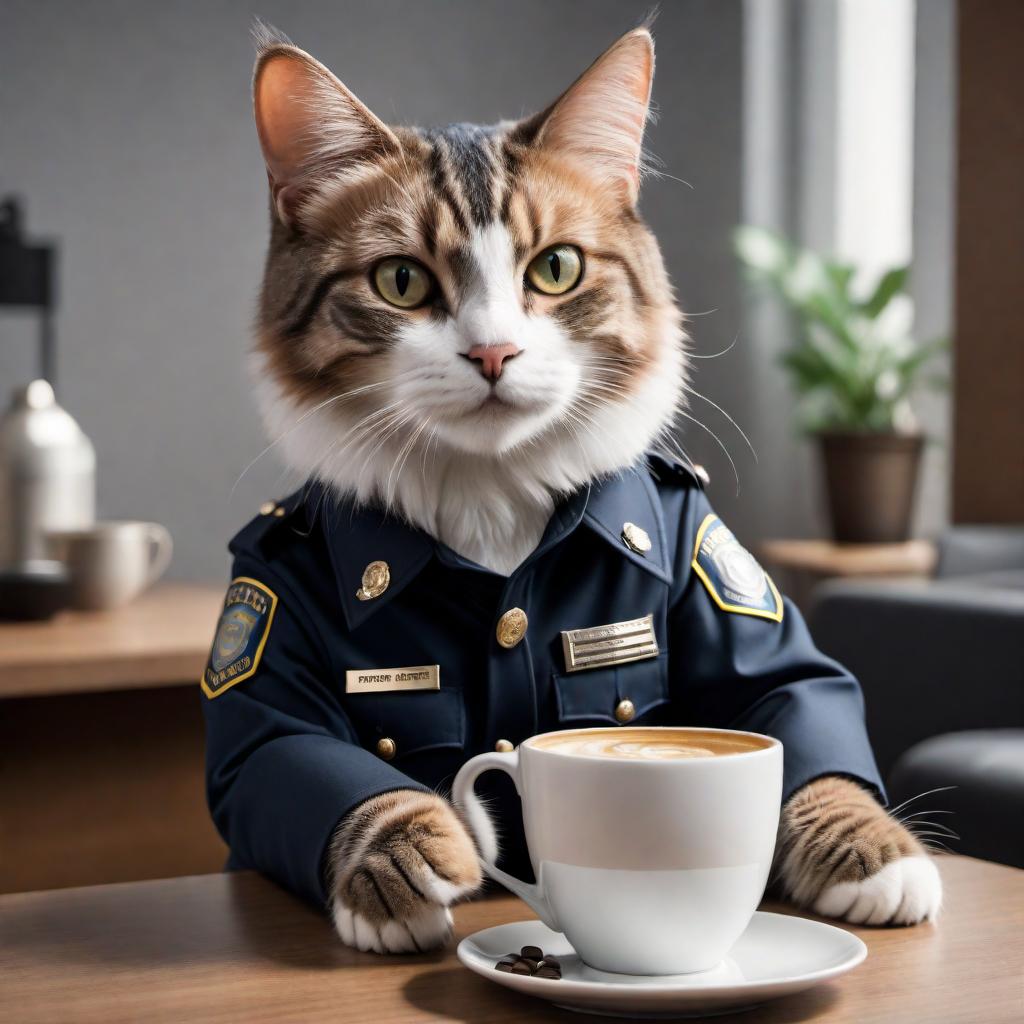  A meme with a cat that has a very human-like appearance, dressed in a police uniform, sitting at a table. The cat is holding a handgun in one paw and a coffee mug in the other, looking irritated. The top text reads 'I HAVEN'T HAD MY COFFEE YET' and the bottom text reads 'DON'T PURRR-SUE ME'. The meme has a humorous, situational irony as the cat, usually seen as cute and non-threatening, is portrayed in a serious and somewhat comedic context. hyperrealistic, full body, detailed clothing, highly detailed, cinematic lighting, stunningly beautiful, intricate, sharp focus, f/1. 8, 85mm, (centered image composition), (professionally color graded), ((bright soft diffused light)), volumetric fog, trending on instagram, trending on tumblr, HDR 4K, 8K