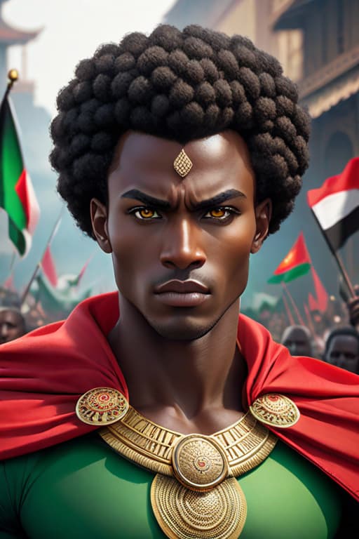  Pretty African aged 15, very beautiful with black superhero costume, long cape in the colors of the flag of Kenya red green black white, Afro hair, herd of zes and savannah in the background, determined look, very beautiful, brown eyes, almond shaped eyes, small s, beautiful smile hyperrealistic, full body, detailed clothing, highly detailed, cinematic lighting, stunningly beautiful, intricate, sharp focus, f/1. 8, 85mm, (centered image composition), (professionally color graded), ((bright soft diffused light)), volumetric fog, trending on instagram, trending on tumblr, HDR 4K, 8K