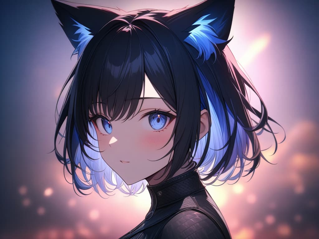  Short hair, light blue mesh, , cat ears, jit eyes, light blue eyes, big s, dark blue hair, light blue inner color, , masterpiece, best quality,8k,ultra detailed,high resolution,an extremely delicate and beautiful,hyper detail hyperrealistic, full body, detailed clothing, highly detailed, cinematic lighting, stunningly beautiful, intricate, sharp focus, f/1. 8, 85mm, (centered image composition), (professionally color graded), ((bright soft diffused light)), volumetric fog, trending on instagram, trending on tumblr, HDR 4K, 8K