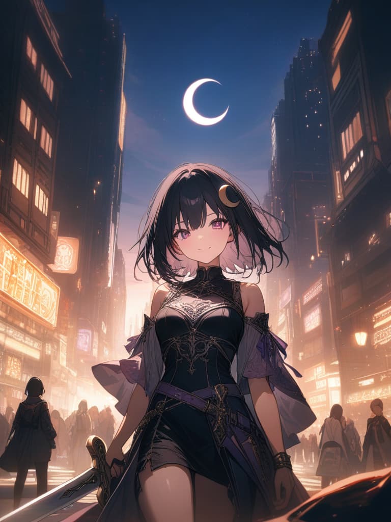  Holy sword,golden sword,burning city,smile,sword raised,golden light,Excalibur,cool girl,Black hair,(purple eyes),short,cropped hair,crescent moon hair ornament, masterpiece, best quality,8k,ultra detailed,high resolution,an extremely delicate and beautiful,hyper detail