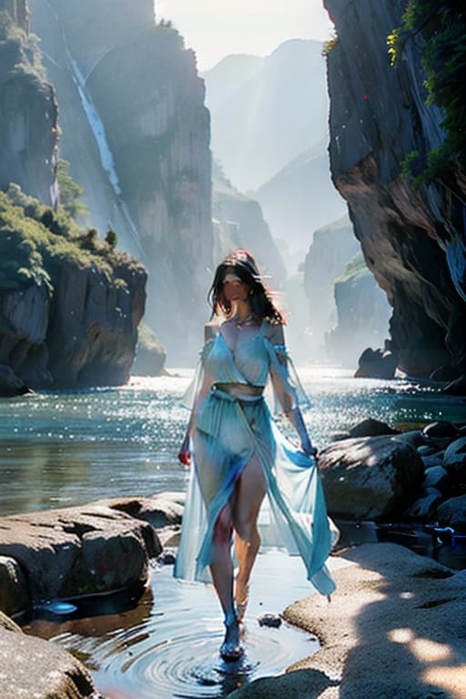  Main frame: Minimalist, intuitive art, towering cliffs in two valleys, matte blue and fluorescent red gradations, reflection of water up a hill, blur of distant mountains, hyperrealistic, full body, detailed clothing, highly detailed, cinematic lighting, stunningly beautiful, intricate, sharp focus, f/1. 8, 85mm, (centered image composition), (professionally color graded), ((bright soft diffused light)), volumetric fog, trending on instagram, trending on tumblr, HDR 4K, 8K