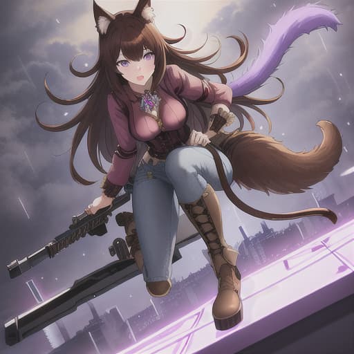  Cat girl, purple eyes, brown hair, fluffy tail, in a jean outfit, narcotics, with weapons hyperrealistic, full body, detailed clothing, highly detailed, cinematic lighting, stunningly beautiful, intricate, sharp focus, f/1. 8, 85mm, (centered image composition), (professionally color graded), ((bright soft diffused light)), volumetric fog, trending on instagram, trending on tumblr, HDR 4K, 8K