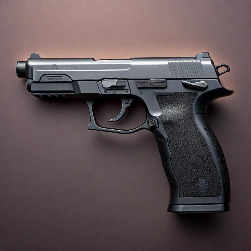  An illustration of a sleek and modern handgun with a futuristic design. The gun should have a metallic finish with intricate details and a comfortable grip. The background should be minimalistic to emphasize the gun. hyperrealistic, full body, detailed clothing, highly detailed, cinematic lighting, stunningly beautiful, intricate, sharp focus, f/1. 8, 85mm, (centered image composition), (professionally color graded), ((bright soft diffused light)), volumetric fog, trending on instagram, trending on tumblr, HDR 4K, 8K