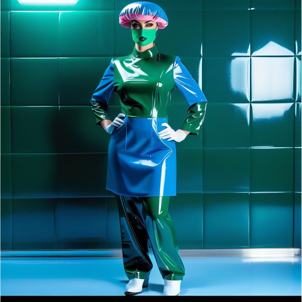  woman surgeon, wearing a shower cap beret made of two colors glossy latex, the upper part of the shower cap beret with a rounded dome in the shape of a mushroom with folds, made of glossy dark blue latex, the lower part of the shower cap beret with folds on an elastic band, glossy dark green latex, shower cap beret is divided horizontally into two parts, shower cap covers hair, ears and forehead, framing the face hyperrealistic, full body, detailed clothing, highly detailed, cinematic lighting, stunningly beautiful, intricate, sharp focus, f/1. 8, 85mm, (centered image composition), (professionally color graded), ((bright soft diffused light)), volumetric fog, trending on instagram, trending on tumblr, HDR 4K, 8K