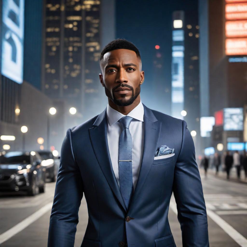  A 30-year-old African-American male who appears stressed, as if he has a salary of $250,000, wearing a nice suit in 2024. The setting should be modern, showcasing a contemporary office or cityscape to reflect the year 2024. The image should capture his stress and high-profile lifestyle. hyperrealistic, full body, detailed clothing, highly detailed, cinematic lighting, stunningly beautiful, intricate, sharp focus, f/1. 8, 85mm, (centered image composition), (professionally color graded), ((bright soft diffused light)), volumetric fog, trending on instagram, trending on tumblr, HDR 4K, 8K