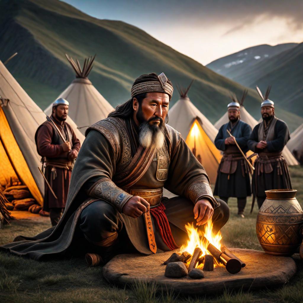  In the Göktürk Khaganate, a tribe, a bard is playing the kopuz, there are Mongol tents, a very aesthetic view hyperrealistic, full body, detailed clothing, highly detailed, cinematic lighting, stunningly beautiful, intricate, sharp focus, f/1. 8, 85mm, (centered image composition), (professionally color graded), ((bright soft diffused light)), volumetric fog, trending on instagram, trending on tumblr, HDR 4K, 8K