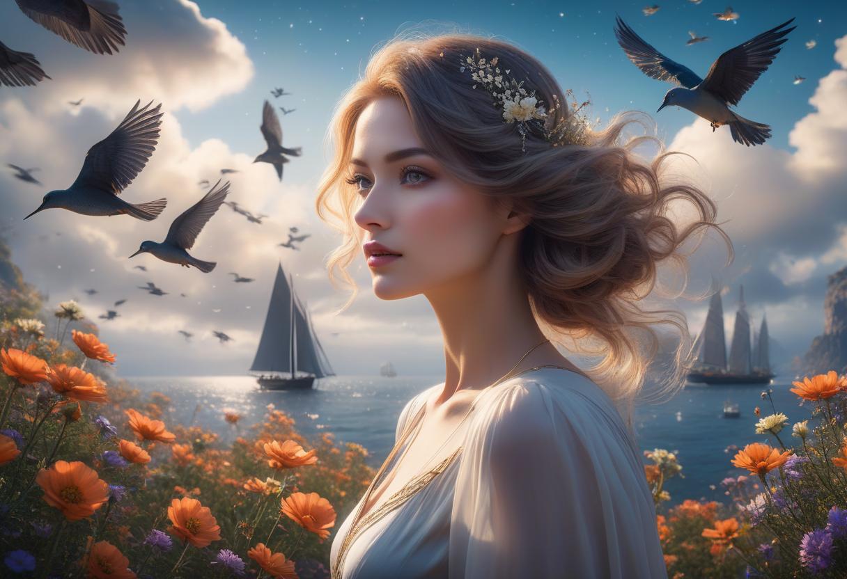  "woman holding the cosmos in her hands, calm, her hair fluttering full of birds, in the background is the universe full of birds, flowers and boats in Surreal artisanal hallucinations made entirely of Sun and Moon, highly detailed, fairytale, Dee Nickerson, elegant, sharp focus, 8 k, octane render" hyperrealistic, full body, detailed clothing, highly detailed, cinematic lighting, stunningly beautiful, intricate, sharp focus, f/1. 8, 85mm, (centered image composition), (professionally color graded), ((bright soft diffused light)), volumetric fog, trending on instagram, trending on tumblr, HDR 4K, 8K