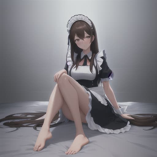  (score 9,score 8 up,score 7 up,),1girl,solo,maid,maid headdress,looking at viewer,apron,brown hair,indoors,black hair,bare foot,feet focus,two feet hyperrealistic, full body, detailed clothing, highly detailed, cinematic lighting, stunningly beautiful, intricate, sharp focus, f/1. 8, 85mm, (centered image composition), (professionally color graded), ((bright soft diffused light)), volumetric fog, trending on instagram, trending on tumblr, HDR 4K, 8K