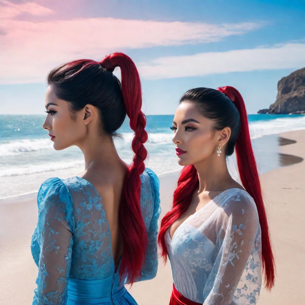  A beautiful with ponytails, the ends of one ponytail dyed blue and the other one pink, wearing a red and black , standing on a sunny beach with a clear blue sky and ocean in the background. hyperrealistic, full body, detailed clothing, highly detailed, cinematic lighting, stunningly beautiful, intricate, sharp focus, f/1. 8, 85mm, (centered image composition), (professionally color graded), ((bright soft diffused light)), volumetric fog, trending on instagram, trending on tumblr, HDR 4K, 8K